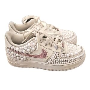 Nike Air Force 1 '07 Kids White Leather Custom Pearl And Crystal Low Shoe 4Y 6W